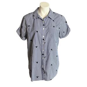 Westport Blouse Blue & White Striped Palm Tree Embroidered Button Up